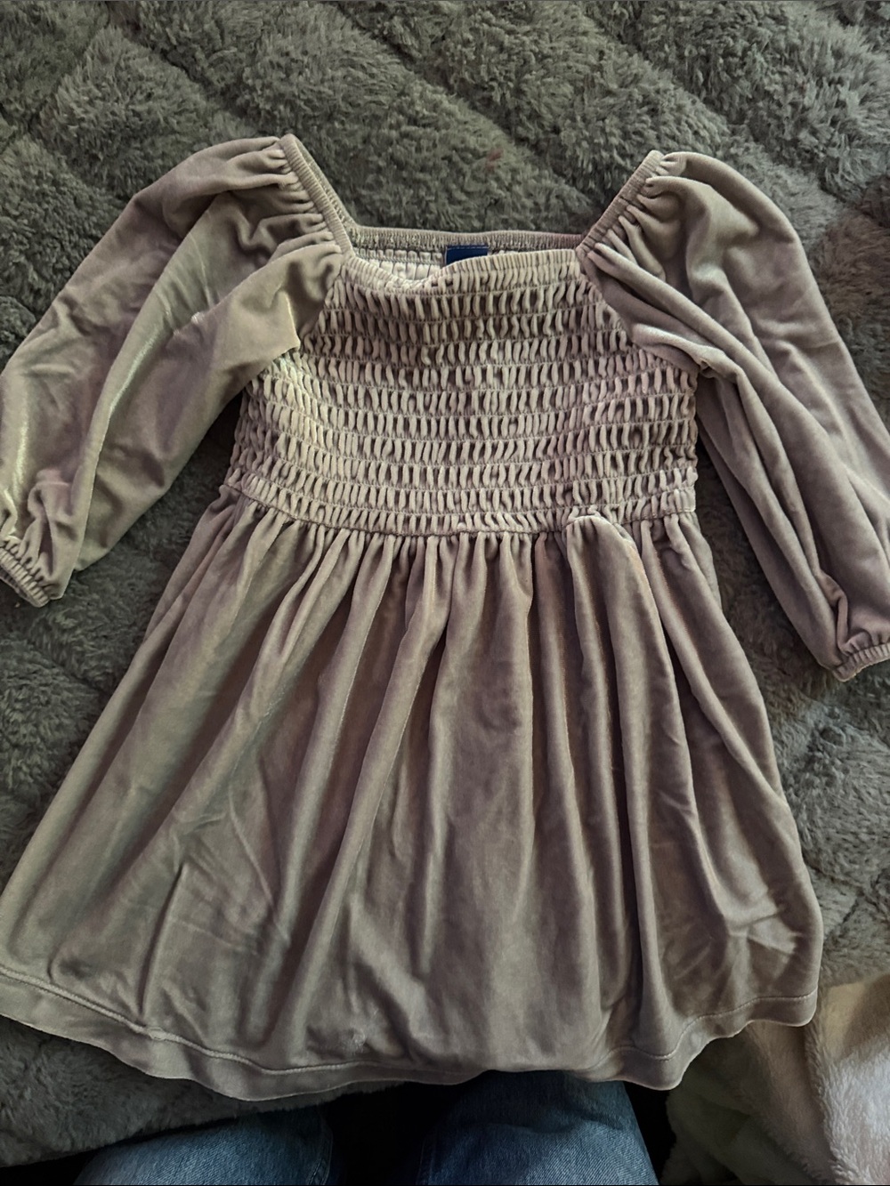 Old Navy Taupe Smocked Velvet Dress with Puff Sleeves